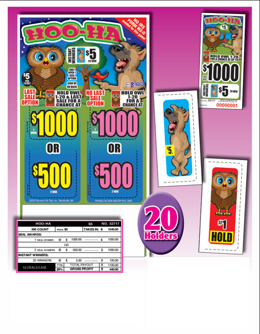 Pull Tab Ticket - Hard Card - Game - Hoo-Ha - 308 ct