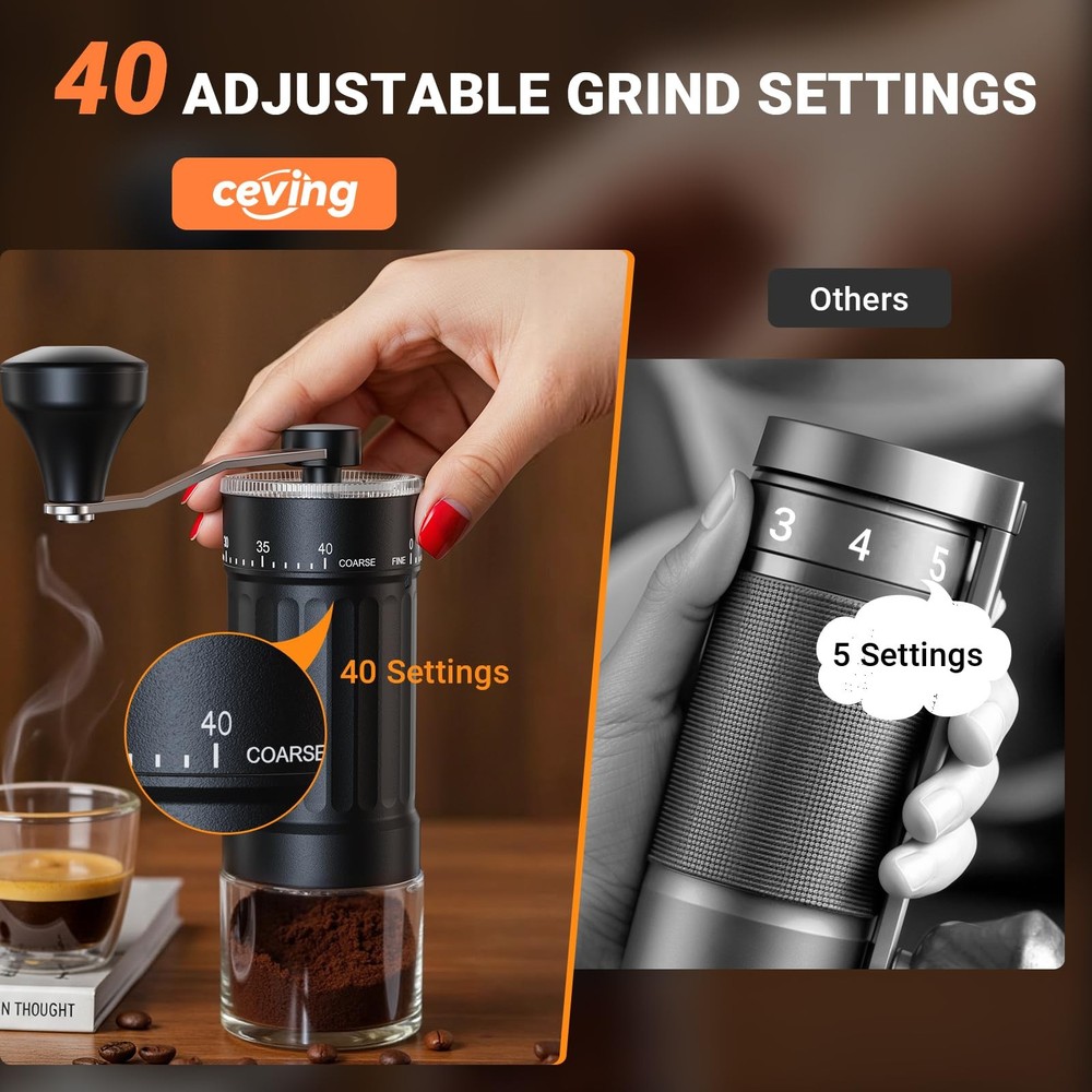 Mini Manual Coffee Grinder with 40 Adjustable Settings, Portable Hand Coffee