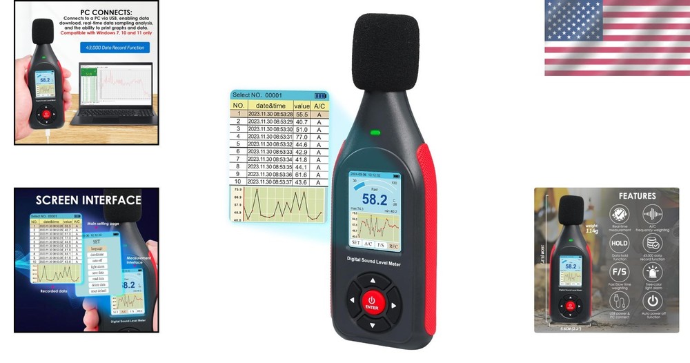 Digital Decibel Meter Data Logger 43K Record USB Excel Export High Accuracy