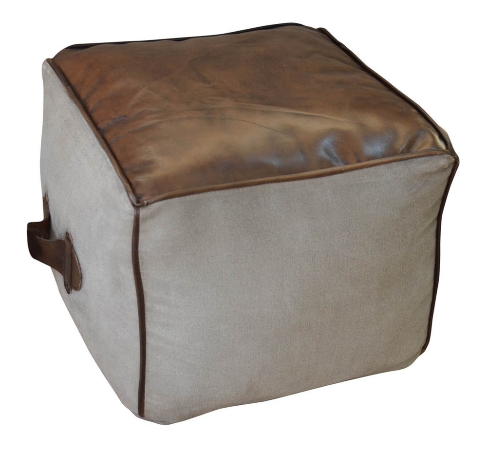 Rectangular Canvas Leather Pouf NARA with Leather Accents