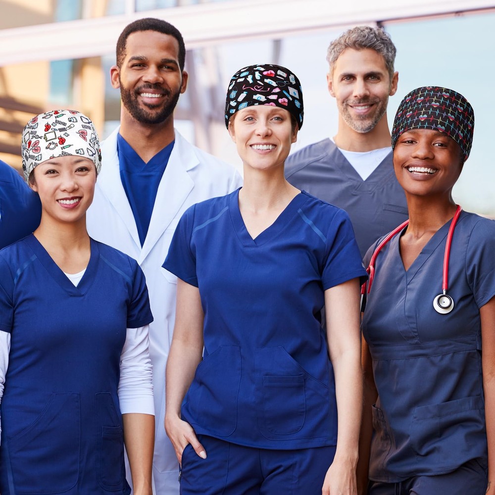 4 PCS Womens Nurse Nursing Working Cap Button Sweatband Adjustable Elastic