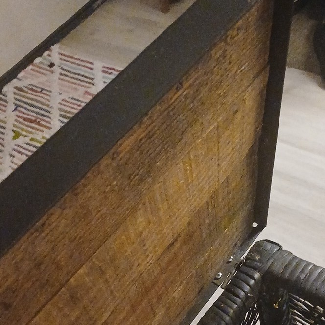 Antique Wood Wicker Square Stool Black Brown Geometric Pattern
