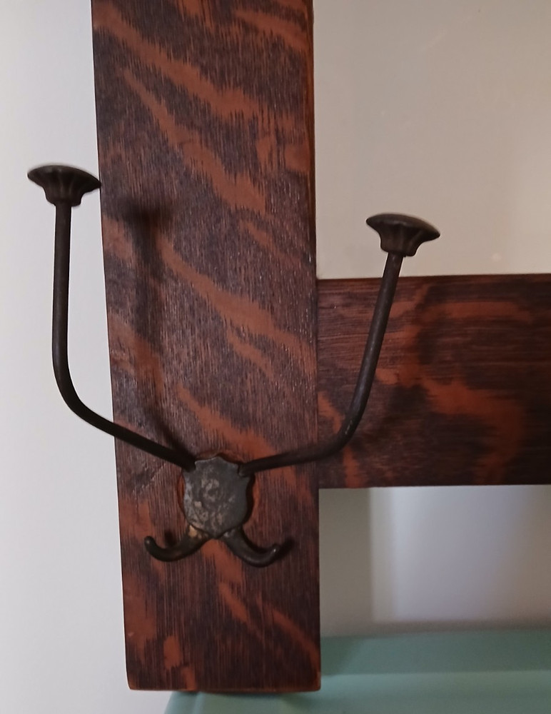 Antique Tiger Oak Hall Wall Beveled Mirror Hat Coat Hooks
