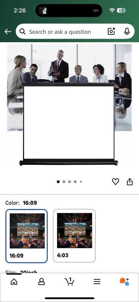 Projector Screen 20 Inch. 16:09
