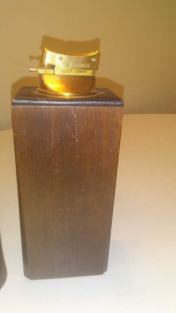 MODERNIST MCM TABLE LIGHTER PAIR WOOD LEATHER TEAK WALNUT