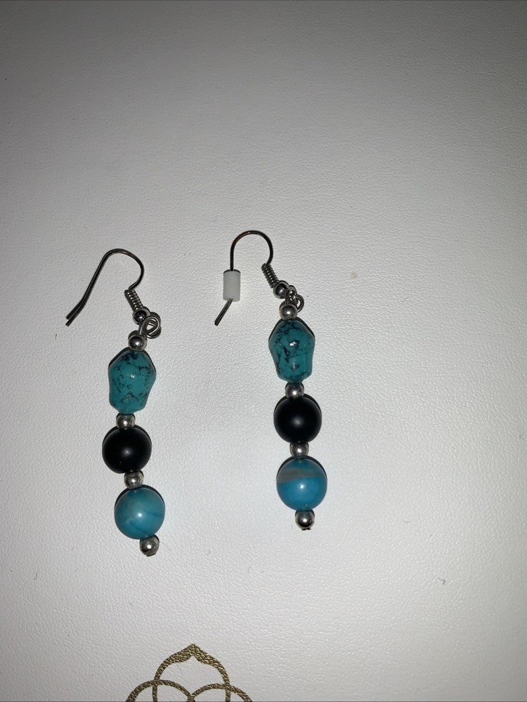 turquoise Dangle Earrings With Black Stone Between Two Turquoise Stones