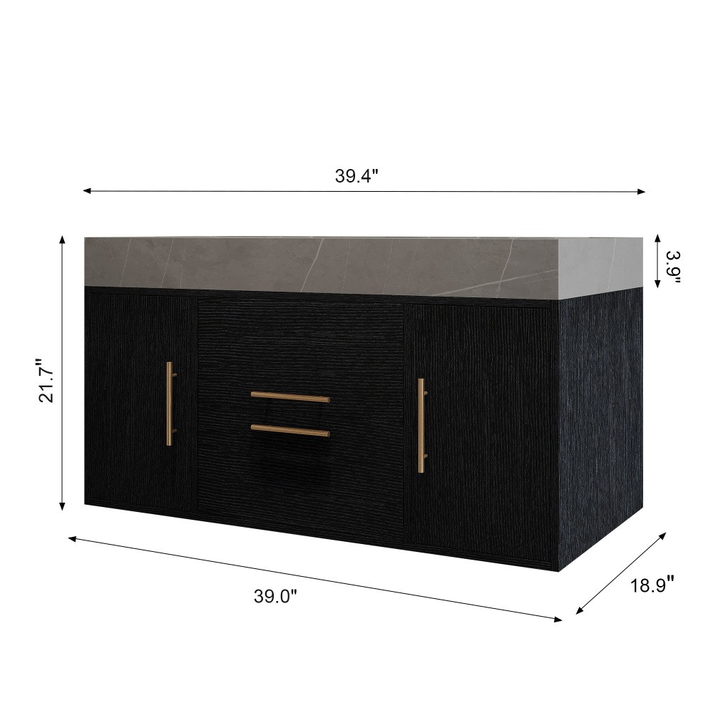 39.4'' Single Floating Bathroom Vanity, Ceramic Sink, 2 Drawers & 2 Cabinets