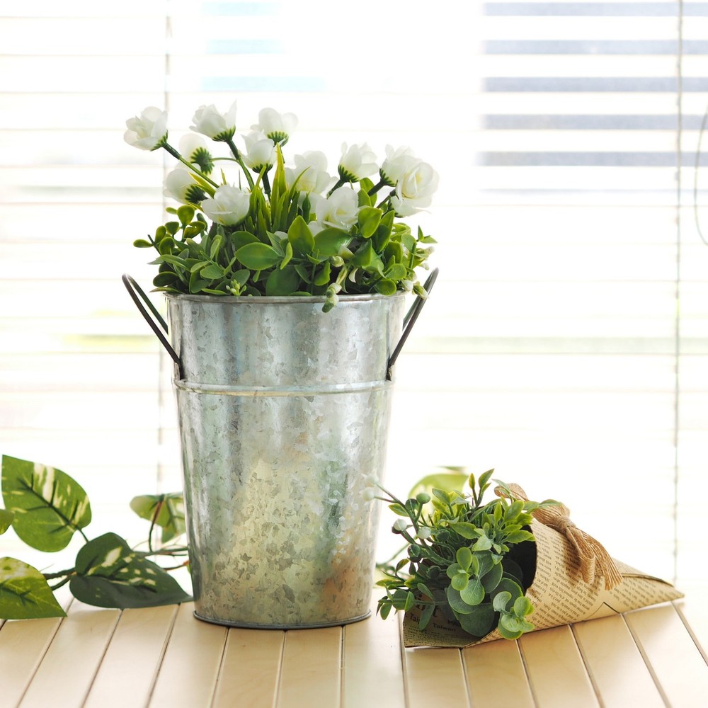 (2 pack Metal Bucket Planter 7'' High Solid Print Gray