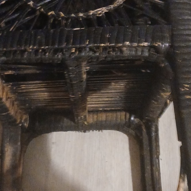 Antique Wood Wicker Square Stool Black Brown Geometric Pattern