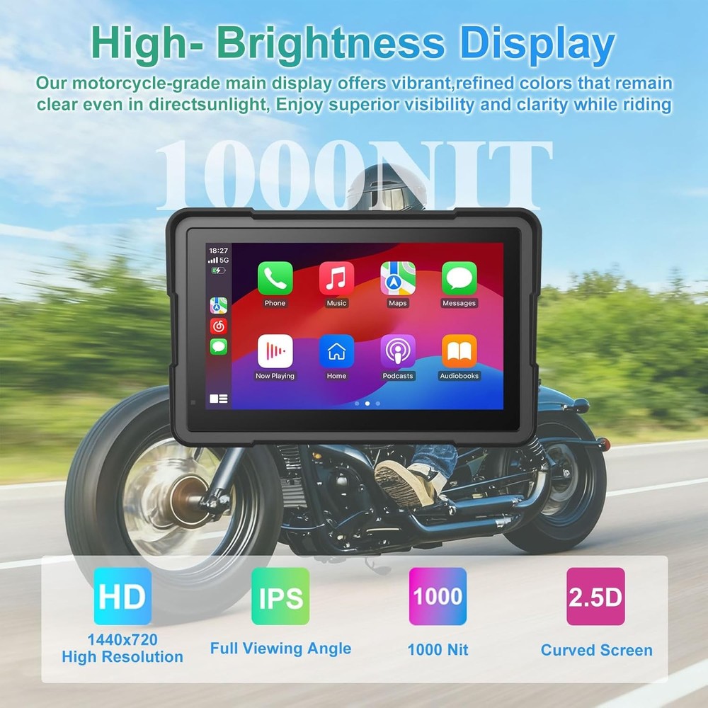 7" Motorcycle CarPlay Android Auto IP67 Waterproof GPS Navigation Bluetooth H14