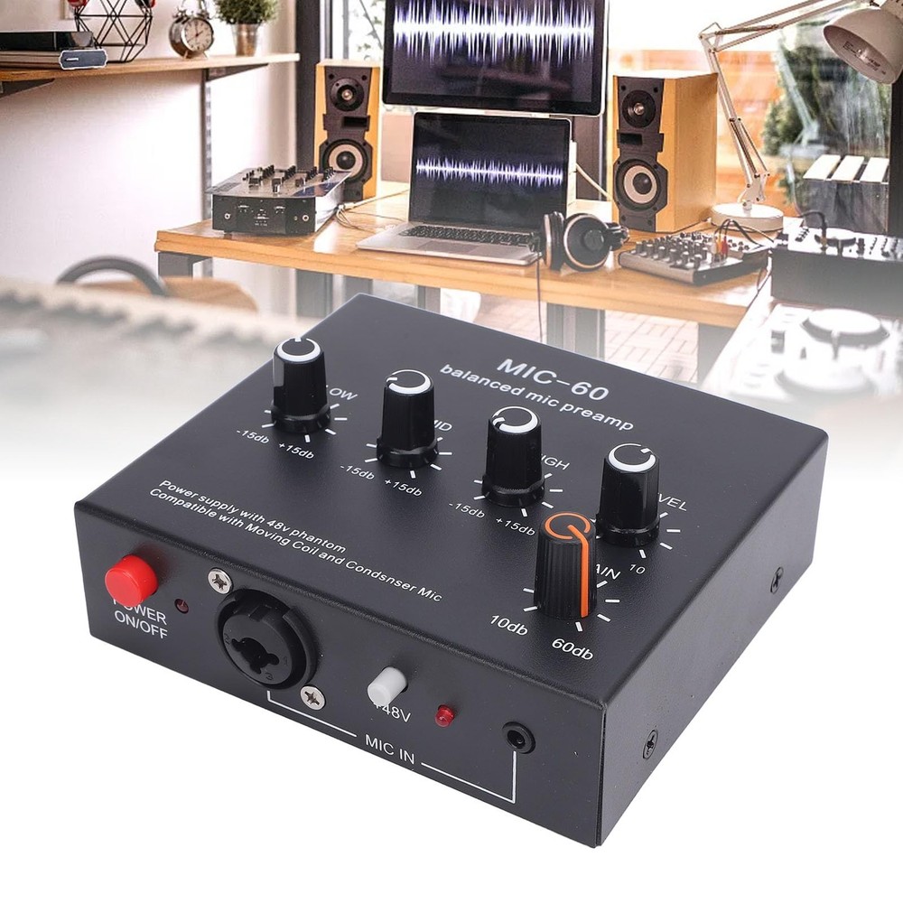 "60dB Microphone Preamp with 48V Power, 3 Inputs, XLR, 3.5mm, 6.35mm Interface"