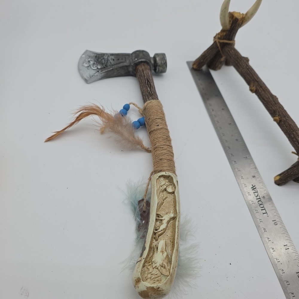 Decorative tribal tomahawk axe primitive bone handle feather display stand