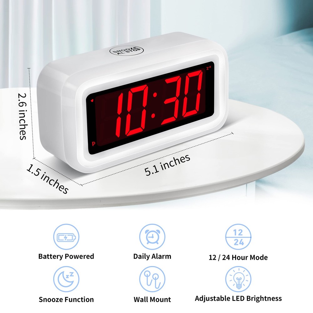 Alarm Clock, Digital Auto Night-Mode, Small, White Case-red Led