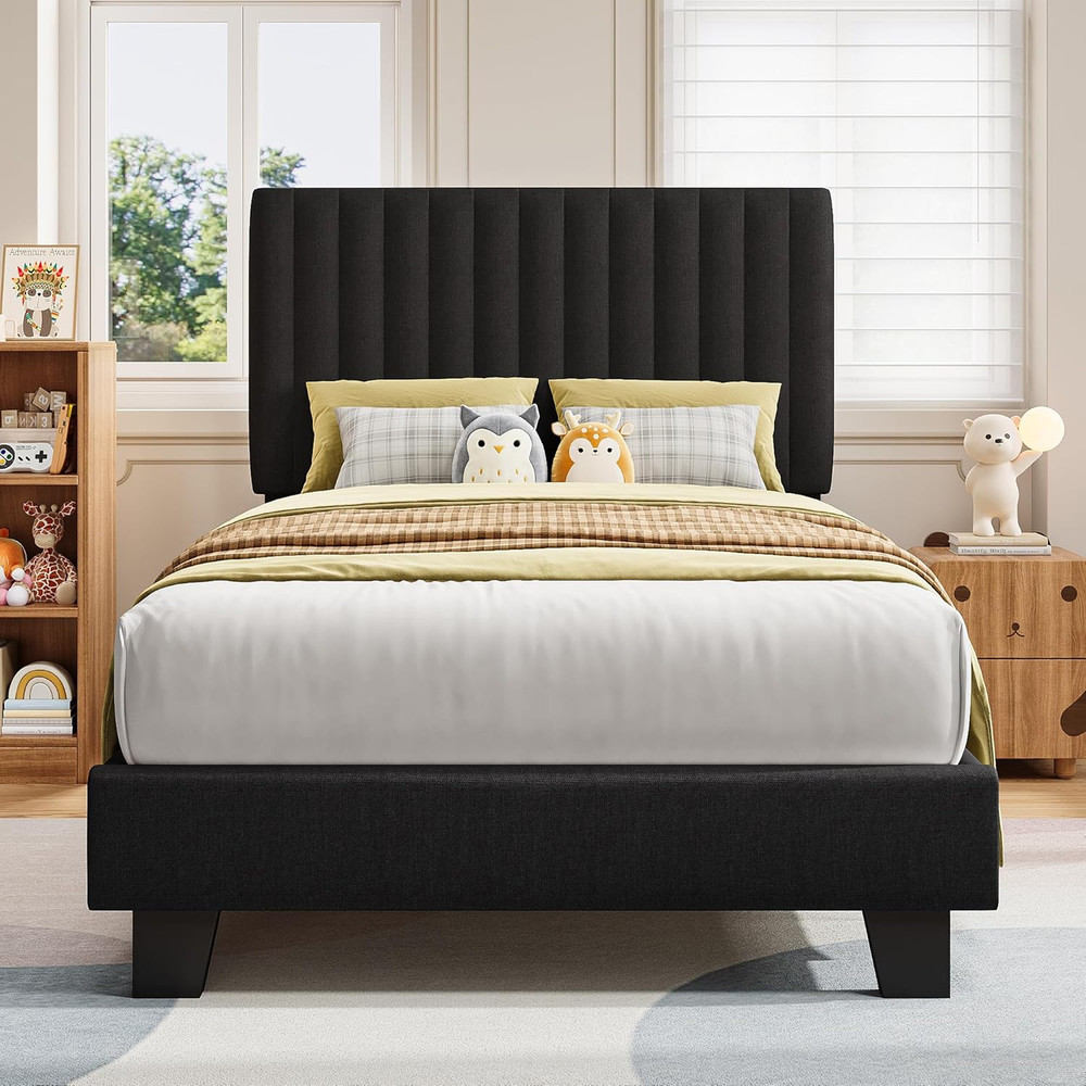 Twin Size Bed Frame, Upholstered Platform Bed with Vertical Linen Headboard, Wid