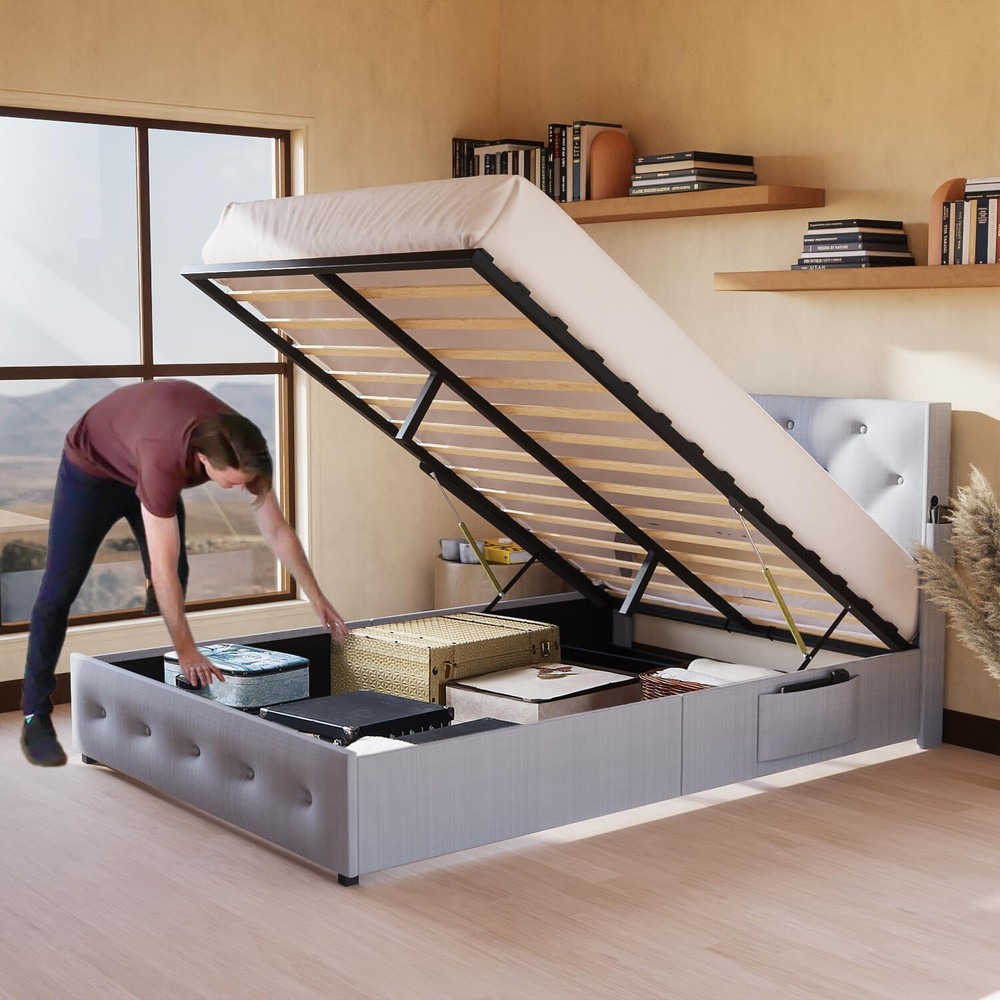 Full Size Bed Frame Upholstered Platform Bed Frame with Headboard & USB Port US