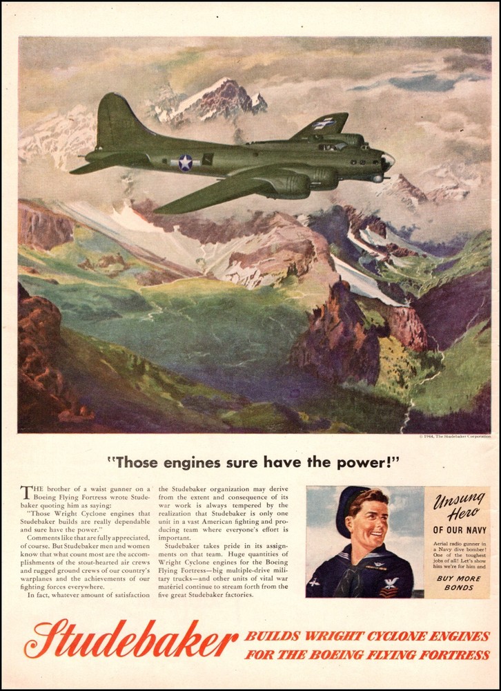 1944 WW2 Ad STUDEBAKER Builds WRIGHT CYCLONE Engines for Boeing B-17s  090524