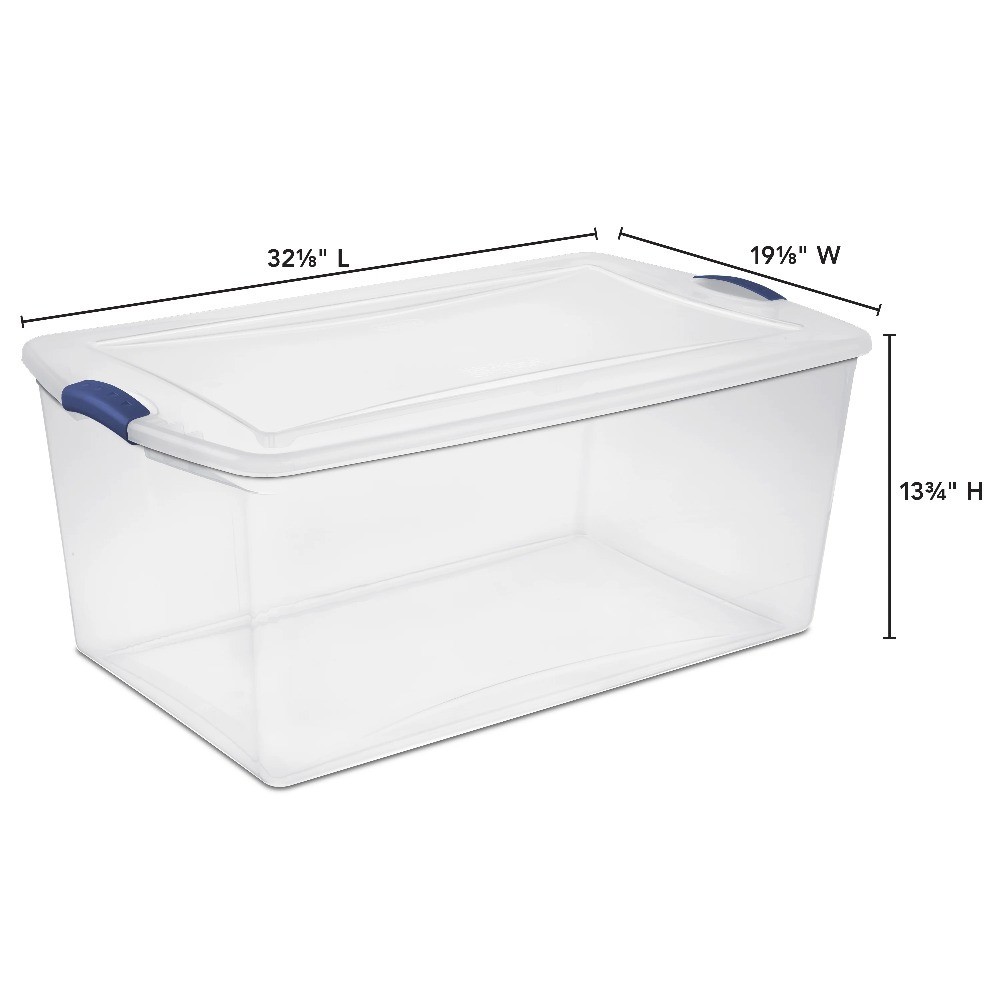 Clear Plastic Storage Bin with Blue Latches and Lid 105 Quart Latch Box