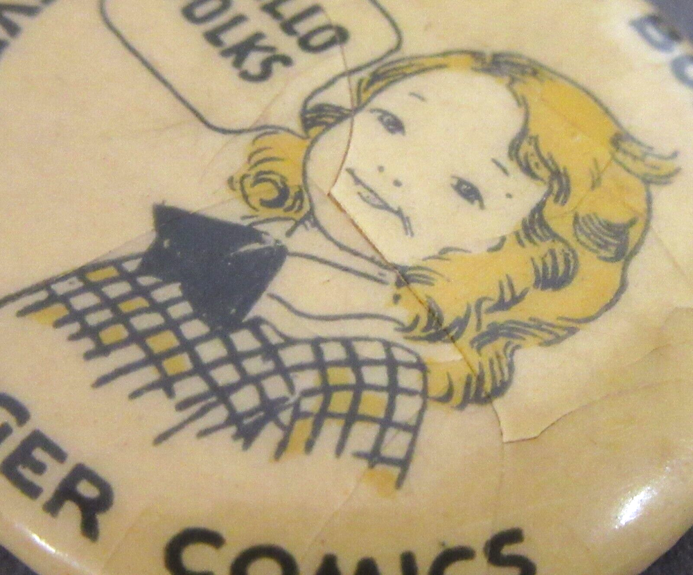 1930's BABE BUNTING Evening Ledger COLOR comic pinback button CRACKS fb