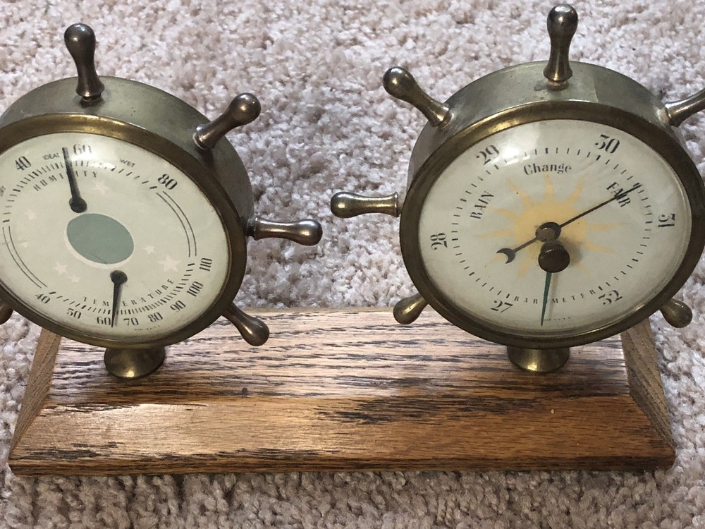Vintage Barometer Thermometer Ships Wheel