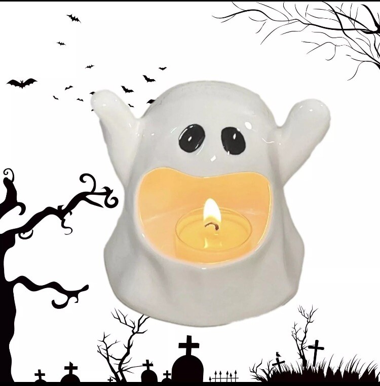 Halloween Candle Holder Ceramic Candlesticks with Spooky Ghost Shape Table Decor