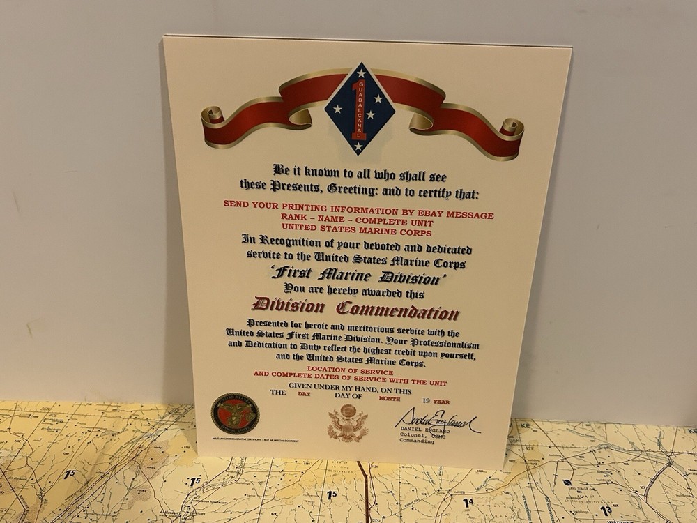 U.S.M.C. / FIRST MARINE DIVISION ~ DIVISION COMMENDATION REPLACEMENT CERTIFICATE