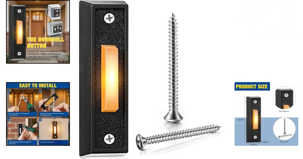 Lighted Doorbell Button Wired Replacement for Most Low-Voltage Systems Black ...