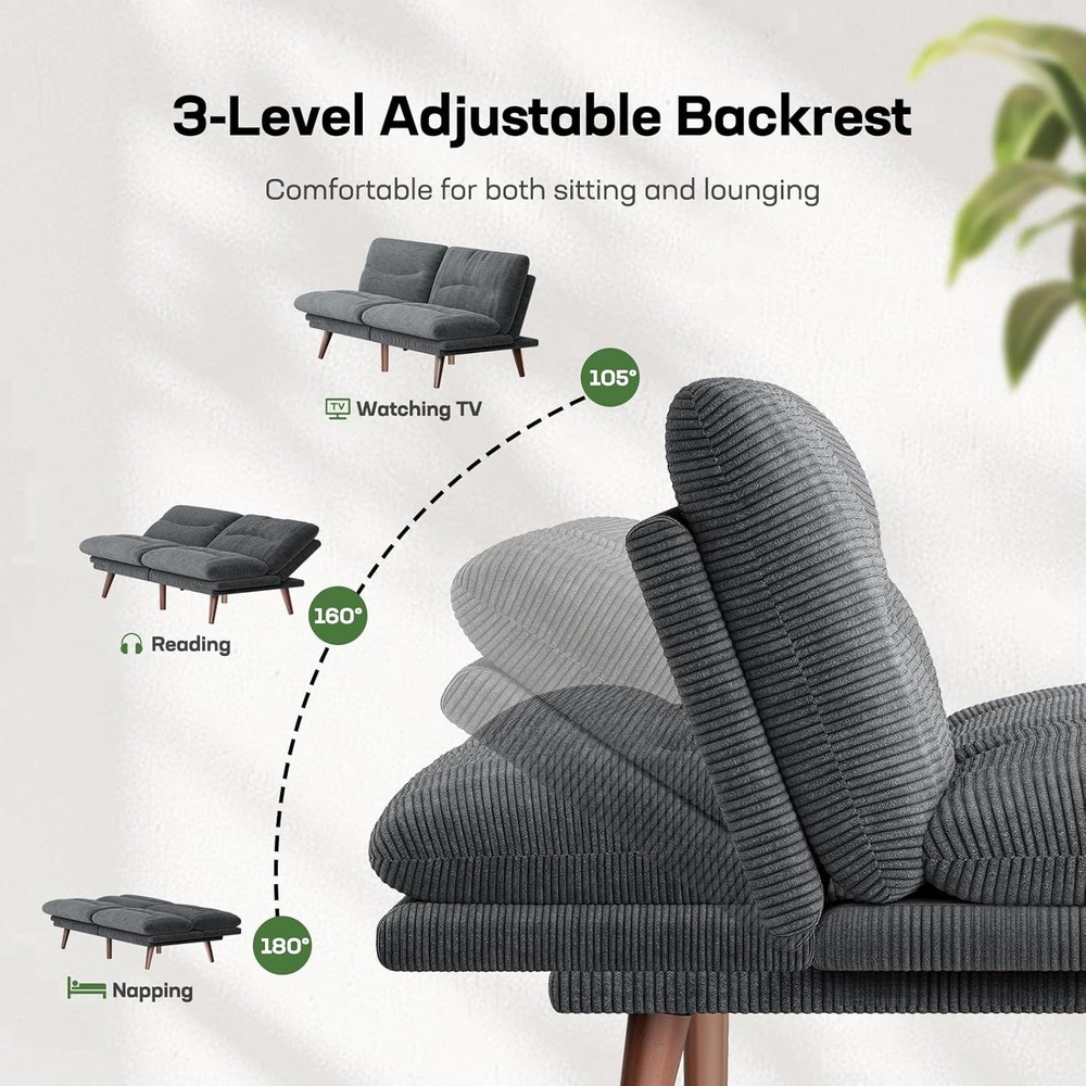 Futon Sofa Bed 66” Futon Couch W/ Adjustable Backrest & Armrests Convertible