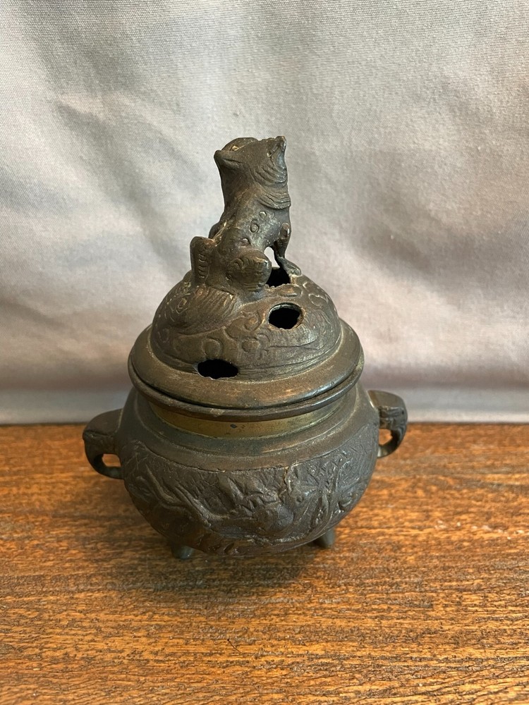 Foo Dog Incense Pot Brass with Elephant Handles