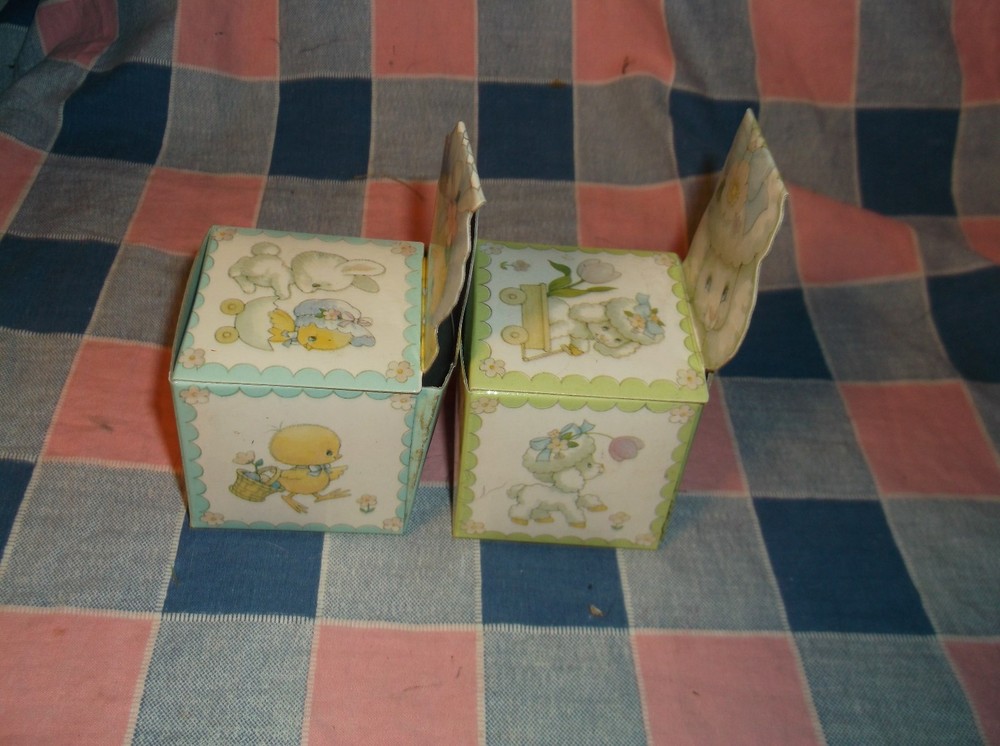 Two Enesco Easter Parade Folded Box Empty 3 7/8" High at Back Fun Graphics