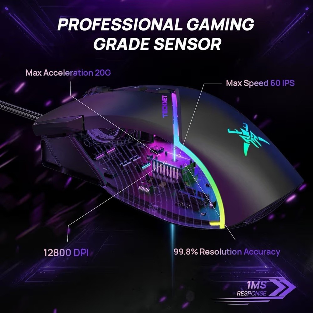Wired Gaming Mouse, 12,800 DPI with Optical Sensor, 8 Programmable