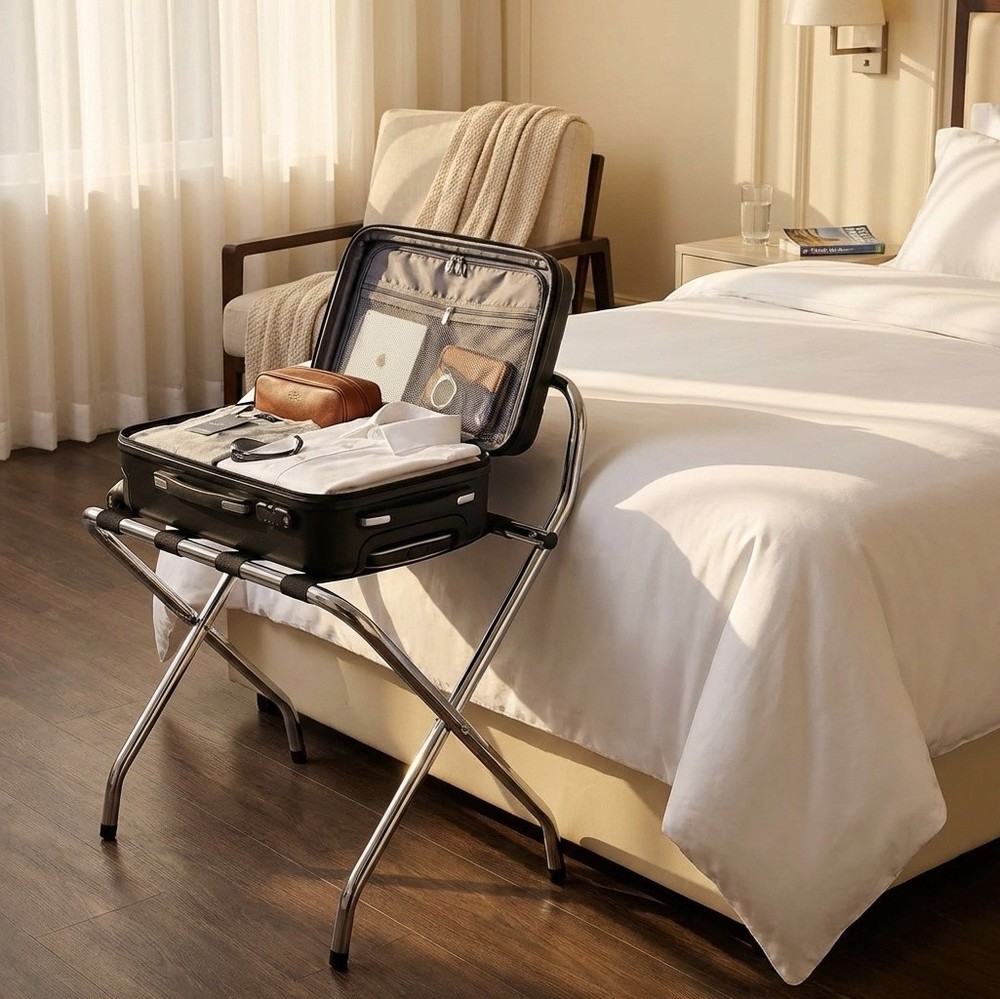 USTECH - Luggage Rack-Single Tier with High Back, Chrome, Foldable