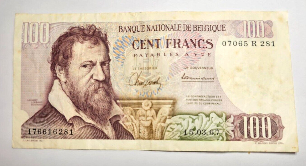 1967 Belgium 100 Francs Banknote Fine/ ref d2