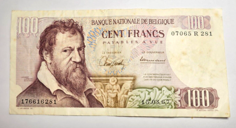 1967 Belgium 100 Francs Banknote Fine/ ref d2