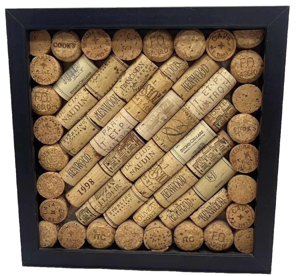 57 Assorted Wine Bottle Corks In Wood Frame 10"Tall x 10”W