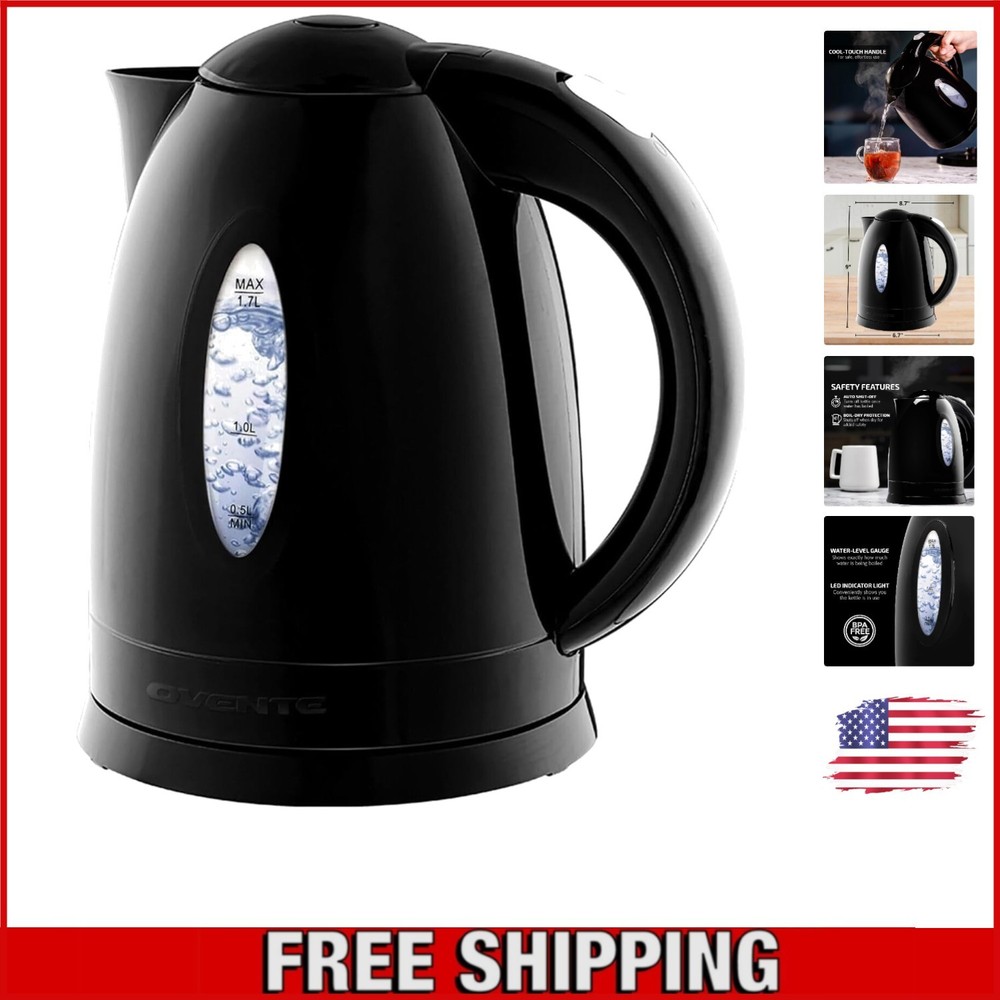 Fast Boiling 1.7L Electric Kettle in Black with Auto Shut-Off & Removable Filter