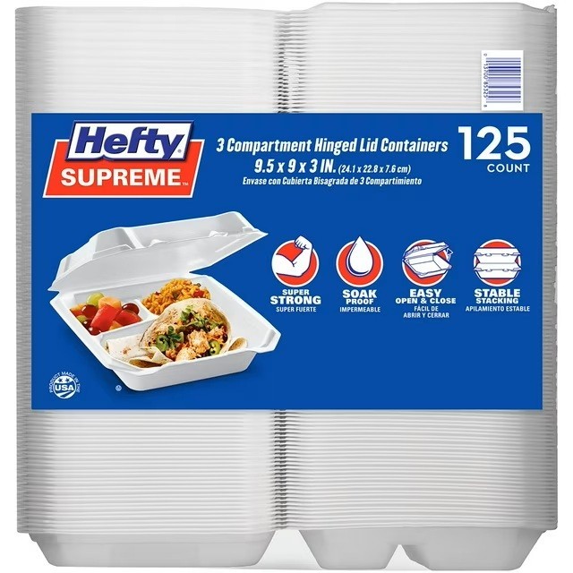 Hefty Supreme Foam Hinged Lid Container, 3-Compartment 125 ct.