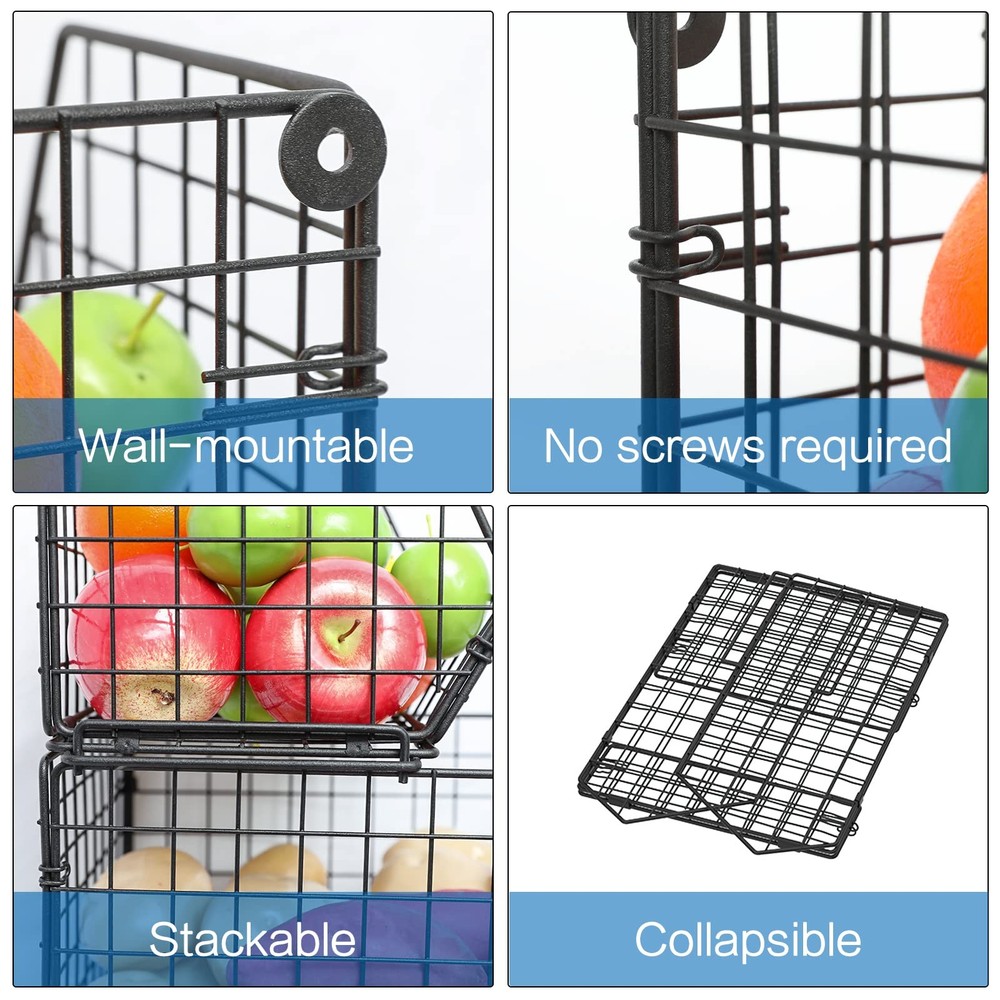 3-Tier Stackable Wire Baskets for Counter, Fruit and Vegetable Storage, Potat...