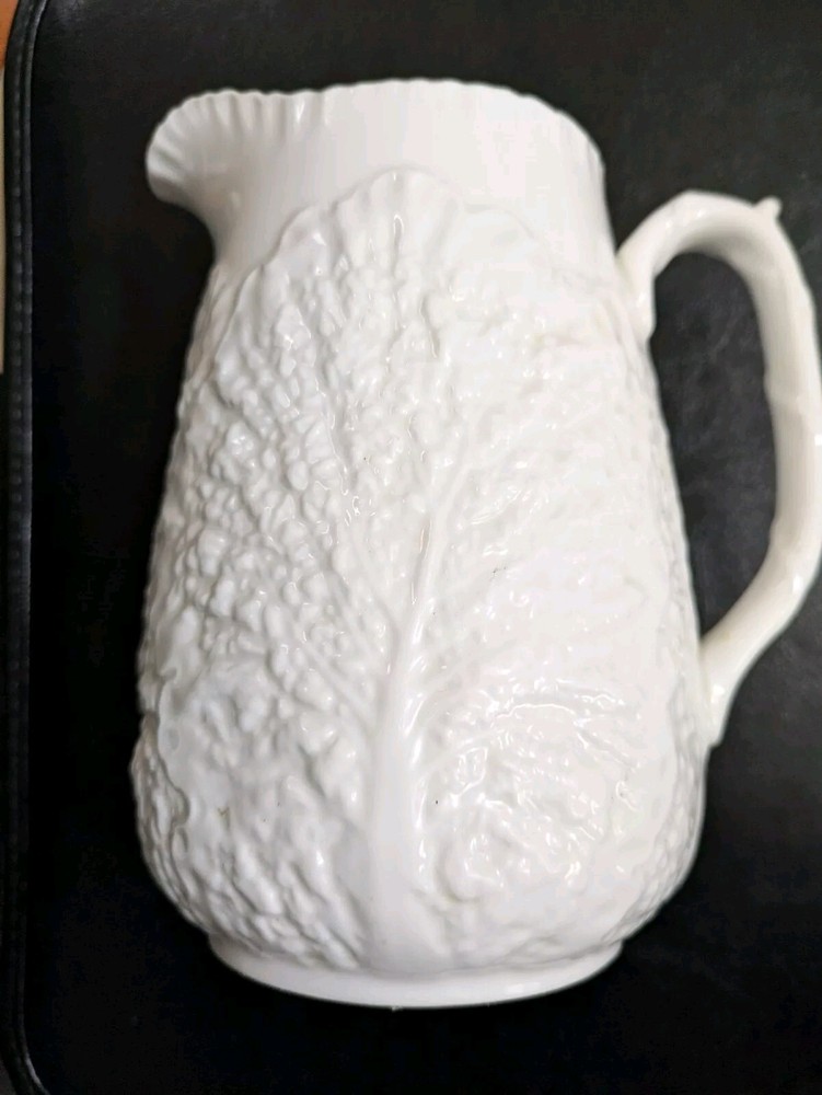 Spode SAVORY WHITE 6 1/2" Pitcher Embossed Cabbage Leaf 32 oz. Pitcher England