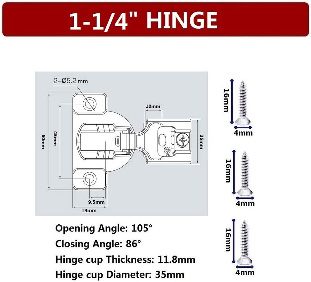 50PCS 1-1/4" Overlay Soft Close Face Frame 105° Compact Cabinet Hinge Handware