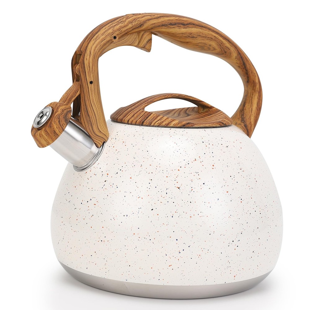 Whistling Tea Kettle 3 Liter with Wood Pattern Folding Handle B-White