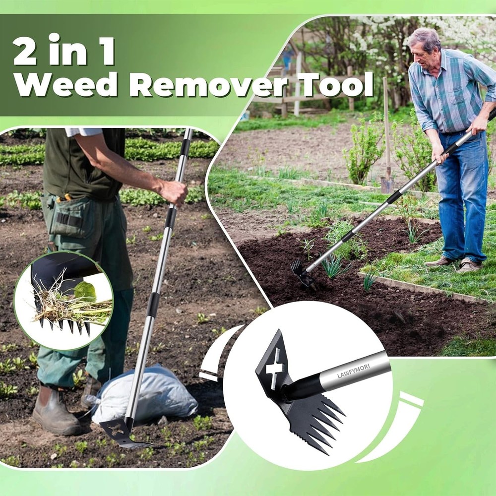 Weed Puller Tool with Long Handle 2-in-1 Garden Rake and Hoe