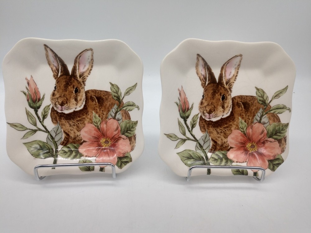 2 Floral Bunny Maxcera Ceramic Square Appetizer Plates 5 x 5 inches