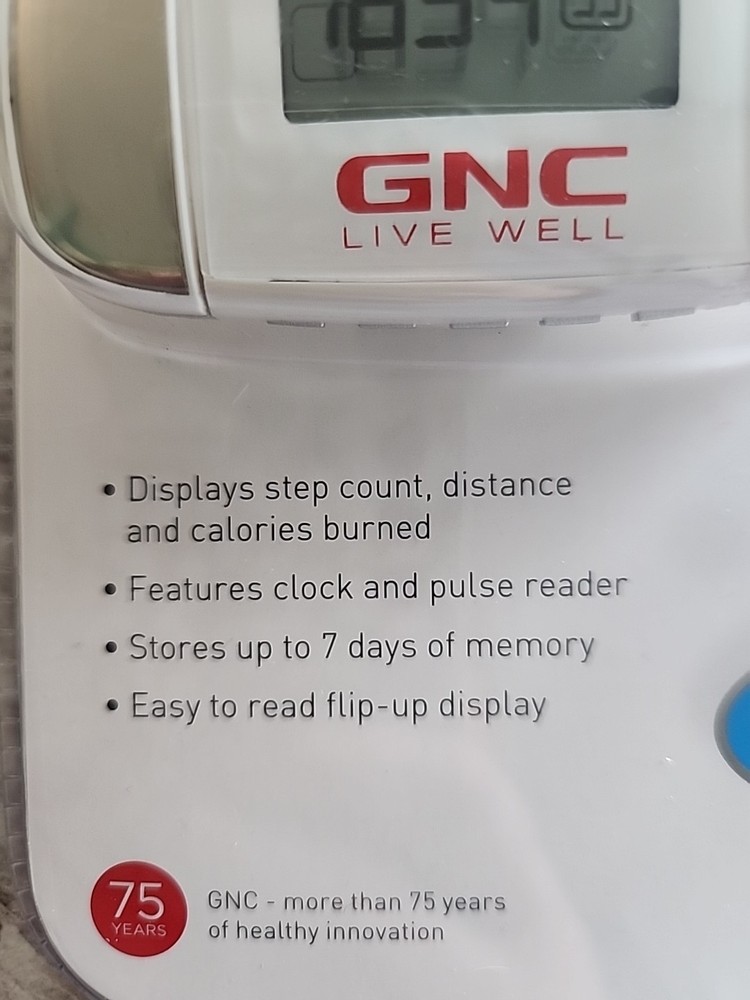 NWT GNC - Pedometer & Pulse Reader - White/silver Step Count, Distance, Calories