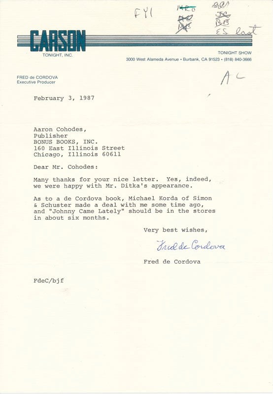 Fred De CORDOVA / Typed Note Signed