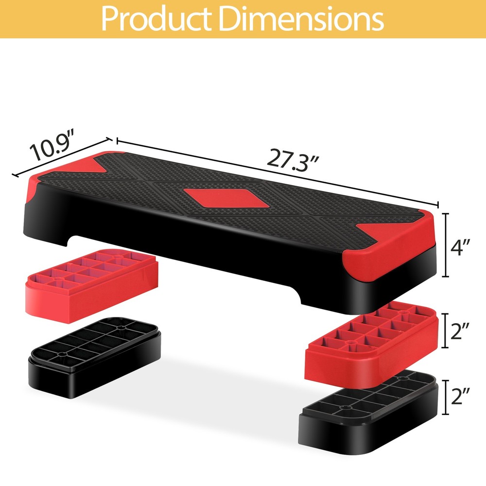 27" Aerobic Exercise Step Workout Step w/ 4" 6" 8" Adjustable Height Risers Red