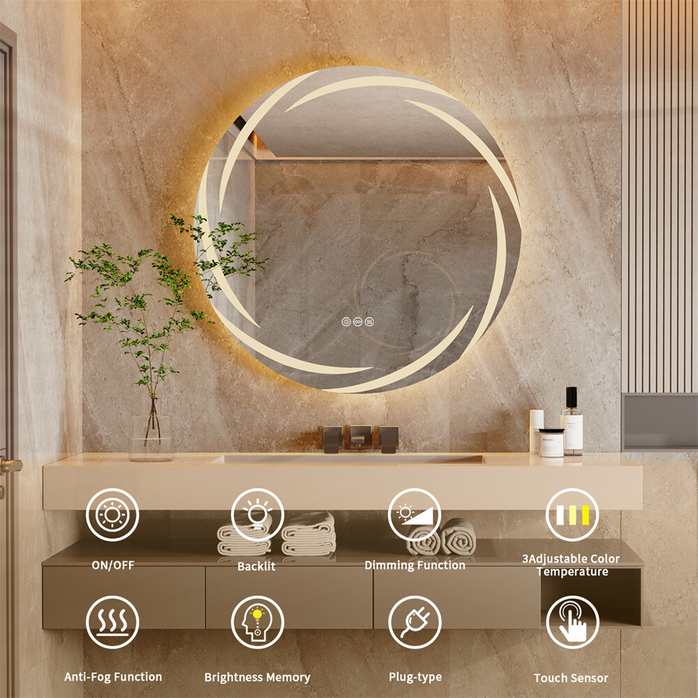 Circle LED Bathroom Mirror With Lights Large Dimmable Wall Vanity Mirrors Makeup