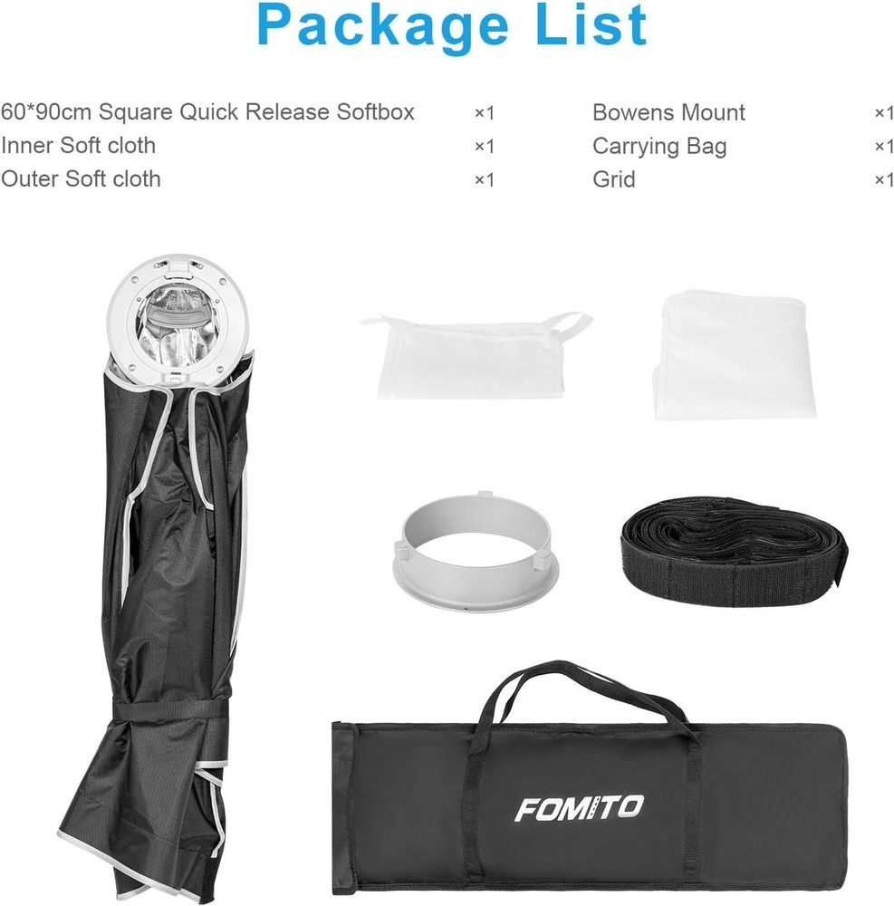 24"x35"/60x90cm Rectangular Softbox, Quick Release Bowens Mount Softbox with ...