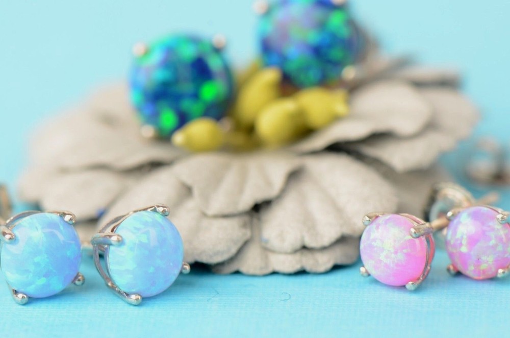 925 Sterling Silver Round Opal stud Earrings