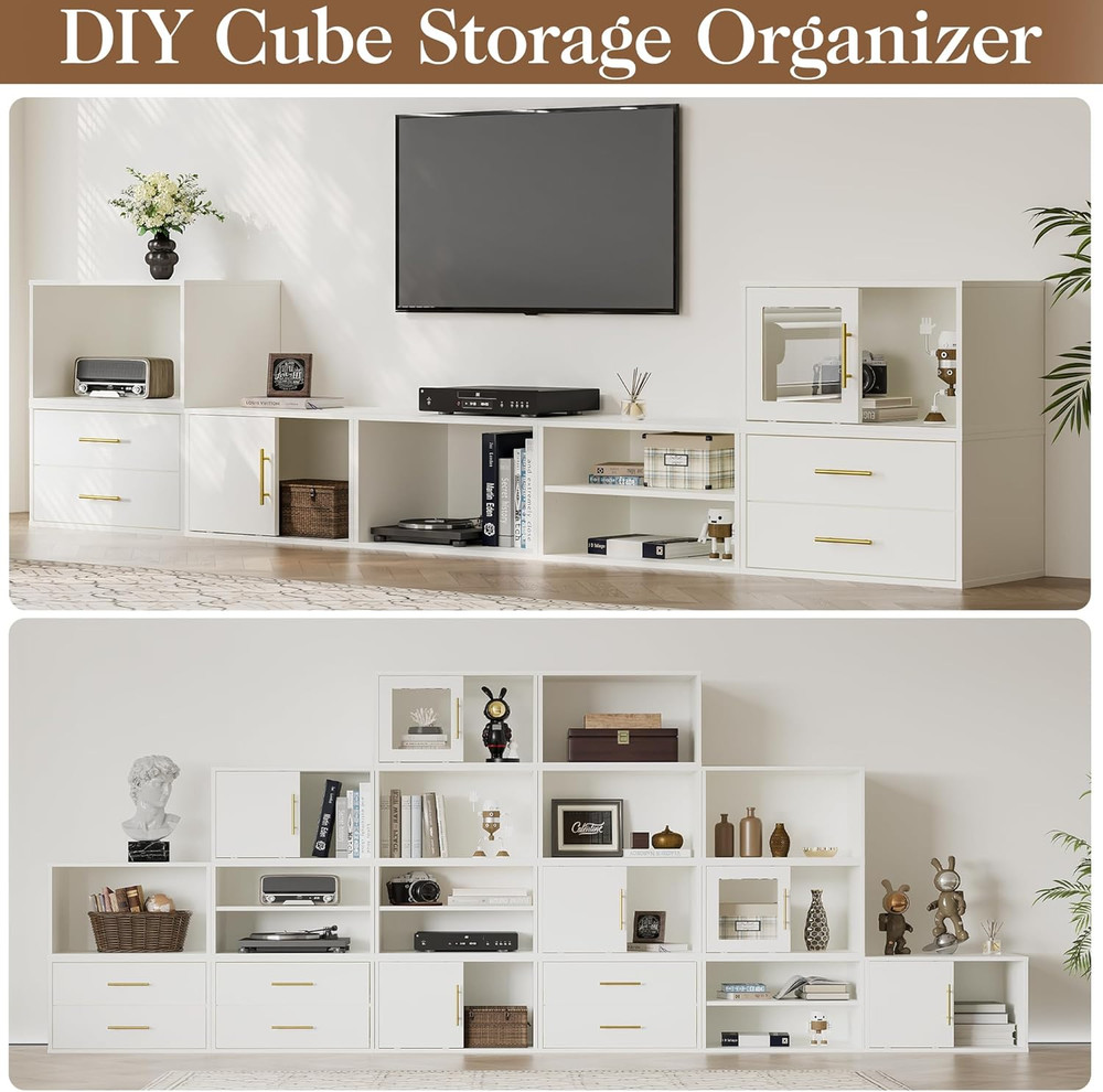 White Nightstand with Sliding Door, 2 Pcs Stackable Cubby Storage Organizers, Wo