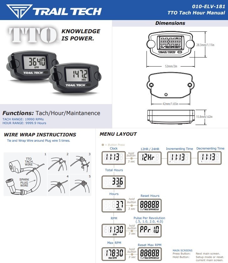 Trail Tech 742-A00 TTO Universal Motocross Tachometer / Clock / Engine Run Timer
